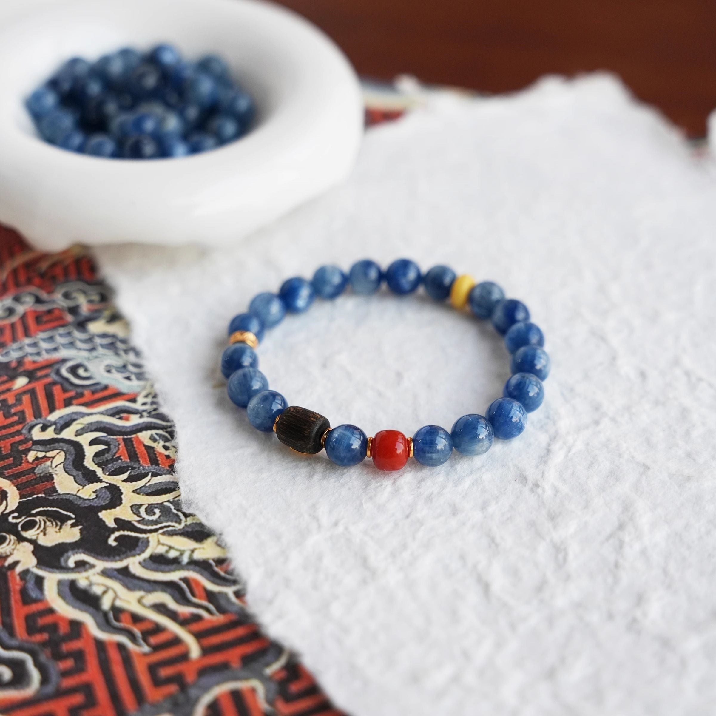 Tranquil Spirit — Handcrafted Bracelet of Kyanite, Red Agate & Agarwood